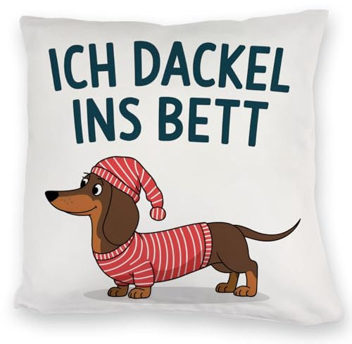 speecheese Dackel im Hemd - Ich dackel ins Bett Kuschelkissen, Polyester, Quadratisch, 40x40 cm, Extra Weich, Humorvolles Kuschelkissen