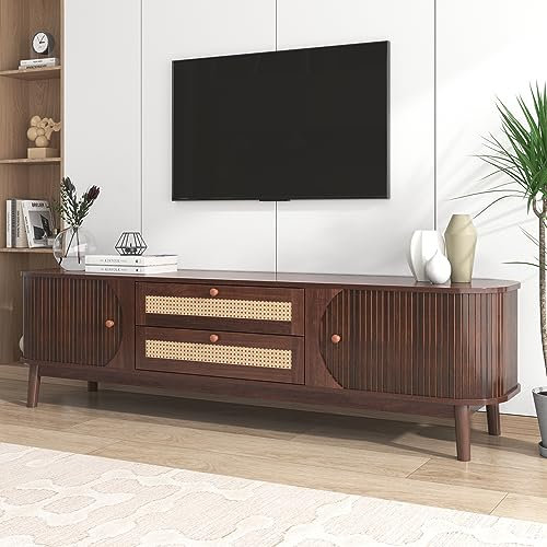 Gegtuon TV-Schrank Fernsehtisch 170 cm Rattandesign für TVs, Fernsehschrank Lowboard mit Schiebetüren und Fächern, TV Board mit 2 Schubladen, Sideboard Möbel für Wohnzimmer Schlafzimmer (Natur)