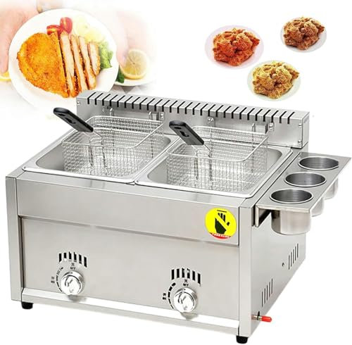 ZJHESXV Freidora de Gas Comercial, freidora de Cocina de Doble Tanque de encimera de 8L X 2 con 2 cestas y Tapas, freidora de Grasa de Cocina de Acero Inoxidable para Restaurante, supermercado~/