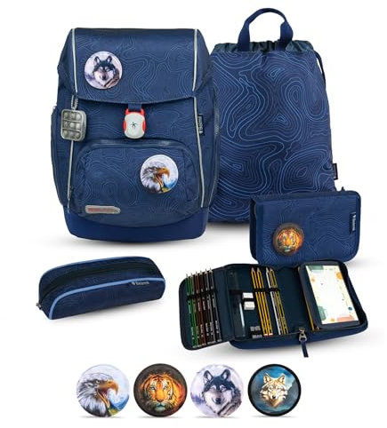 Belmil Premium Comfy Plus ergonomisches Schulranzen Set 5 - teilig, für kleine Kinder/Erstklässler - STAEDTLER, Brustgurt, Hüftgurt, Magnetverschluss (405-73/P/S) (Topographic 2)