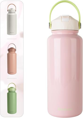 Blackube Borraccia in acciaio inox con cannuccia, thermos da 1 l, senza BPA, a prova di perdite, grande borraccia in metallo