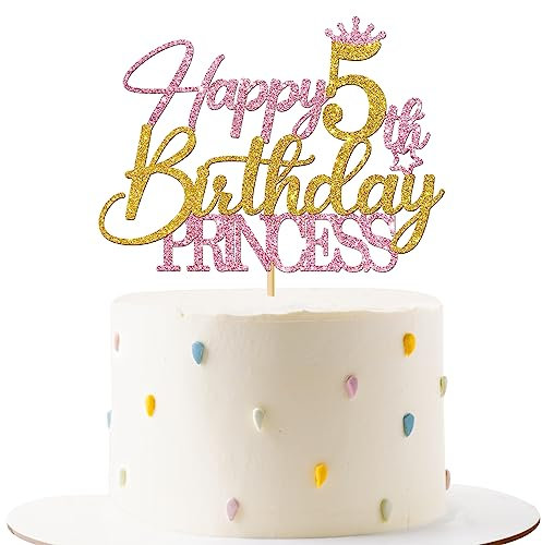 Princess 5th Birthday Cake Topper - Happy 5th Birthday Cake Supplies for Girl - Girl Five Years Old Birthday Party Decorations - Pink & Gold Glitter