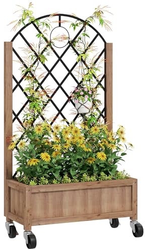 Outsunny Raised Garden Bed with Metal Trellis, Wooden Elevated Planter Box with Wheels and Drainage Holes, Outdoor Raised Planter for Climbing Plants, Fruits, Vegetables, Flowers, Brown