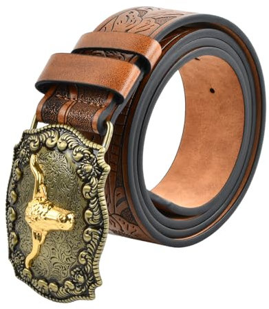 Wisebom Western Cowboy Gürtel, Vintage Long Horn Bull Rodeo Western Cowboys Gürtel Geprägter Ledergürtel für Männer Frauen Cowboy Cowgirl Leder Herrengürtel Gürtel Herren für Jeans (110 cm)