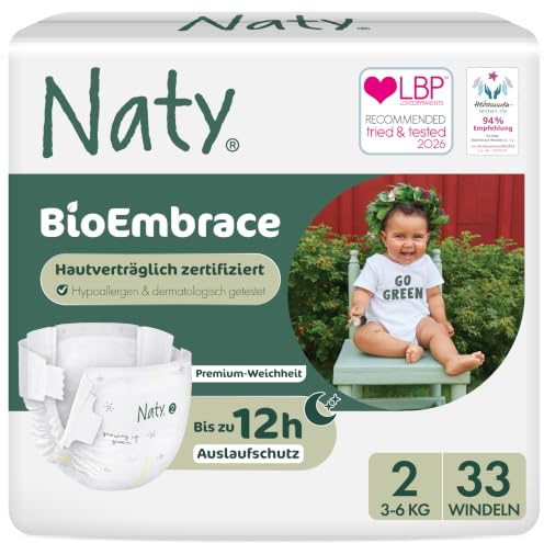 Naty BioEmbrace Baby Windeln für Neugeborene, Größe 2 (3–6 kg), 33 Stück | Hypoallergen für empfindliche Haut, Bis zu 12 Stunden Auslaufschutz, Saugstark, Pflanzenbasierte Weichheit, Premium-Komfort