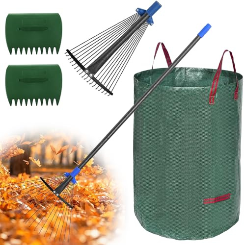 Garten Rechen, 152cm Laubrechen Metall mit Verstellbar Stiel Set - mit 32 Gallonen Laubsäcken und 2 Laubschaufeln, Gartenlaubrechen Rasenrechen mit 20-43cm Gartenrechenkopf zum Reinigen von Pflanzen