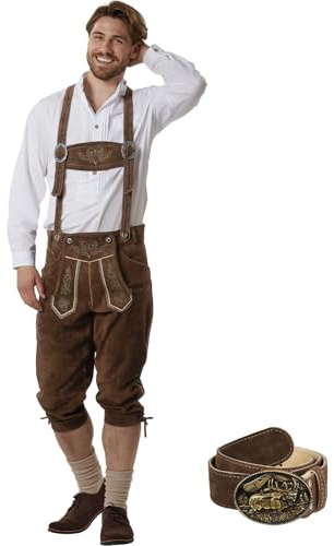 dressforfun Echtleder Lederhose Herren lang, Trachtenlederhosen für Herren, Trachten Lederhose Vintage Look Lederhosen mit Hosenträgern und Hornknöpfen, Trachtenhose Herren