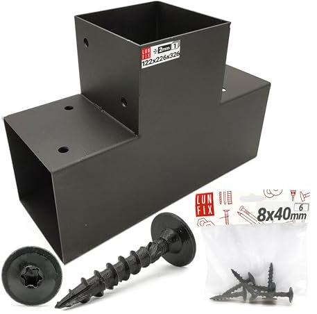 T-Verbinder 122x266x326x2 mm Stahl verzinkt und schwarz pulverbeschichtet inkl. 10 Schrauben 8x40 mm Carport Pergola Zaun Terrasse Holzbau