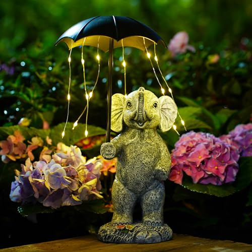 Goodeco Solar Elefant Figur mit Regenschirm Grau Gartendeko