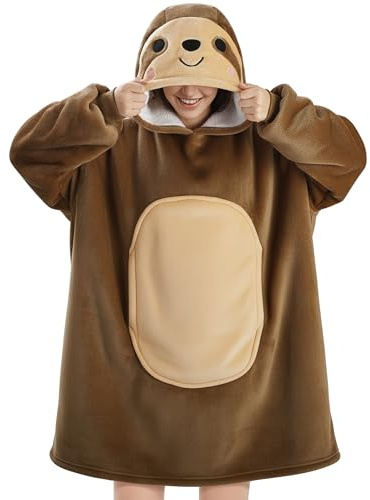 Queenshin Hoodie Decke Oversize Braun Faultier Tierkörperdecke mit Ärmeln Kuscheldecke Deckenpullover für Damen Herren, Tragbare Erwachsene Sweatshirt Sherpa Warm und Weich
