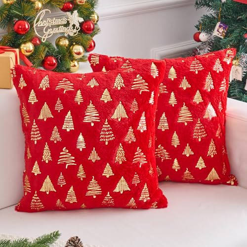 Kissenbezug Weihnachten Gold Kiefern Baum Muster Weihnachts Kissenbezüge Winter Rot 45x45 Weihnachtskissen Weich Samt Zierkissen Weihnachtsdeko Kissenhülle Dekorative Sofakissenbezüge 2er Set