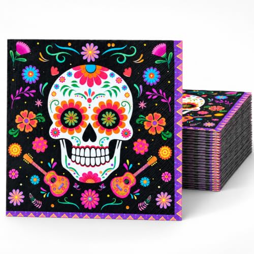 Gleemix Halloween Totenkopf Servietten, 20 Stück Mexikanisches Deko Servietten, 33 x 33 cm Blumen Totenkopf Gitarre Napkins, Dia de los Muertos, Grusel Deko Napkins für Tisch, Party