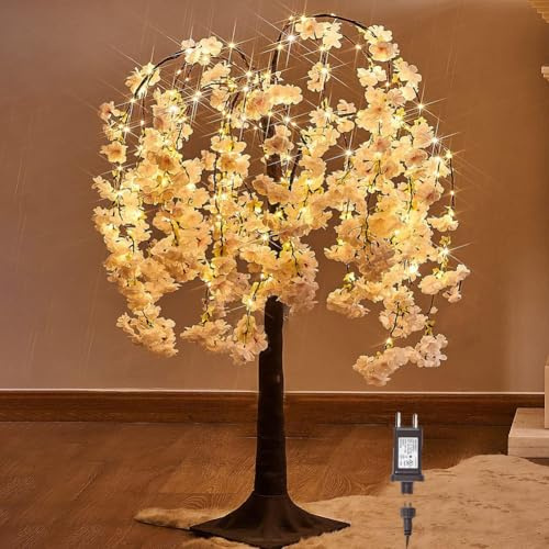 LOGT Árbol de Cerezo Iluminado con LED, Árbol de Navidad Grande de 210 cm con Enchufe y Cable Luces de Hadas, Árbol Artificial Flores Rosas Luces Decorativas para Interior y Exterior Lámpara,180cm
