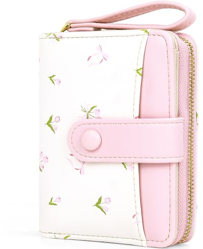 Busnos Geldbörse Damen Geldbeutel Klein Portemonnaie Damen Mini Portmonee for Women Geldbörsen Blüten in Rosa mit Münzfach Kartenetui für Kreditkarten und Ausweis | Geldbeutel aus PU Leder