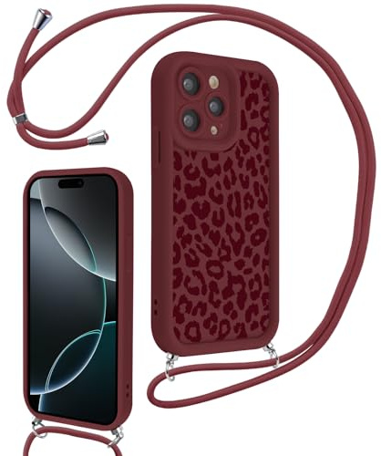 Xylota Coque avec Cordon pour iPhone 16 Pro, Aesthetic Léopard Motif Etui avec Réglable Collier Souple Silicone Corde Caméra Protection Bumper Case, Antichoc Housse pour iPhone 16 Pro 6,3'', Bordeaux