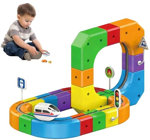 Elektrische Zug Set, Eisenbahn Spielzeug mit Schienen & Stunts - Modulares Bausteine-Set mit USB-Aufladung Weihnachtszug für Kinder ab 3-6-8 Jahren (51 Stück)