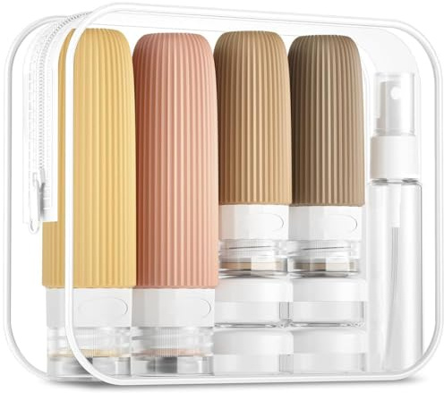 Botellas de Viaje para Rellenar, 9 Unidades, Aprobado por TSA, de Silicona, Recipiente de Viaje para artículos de tocador, con Bolsa Transparente, Silicona exprimible a Prueba de Fugas