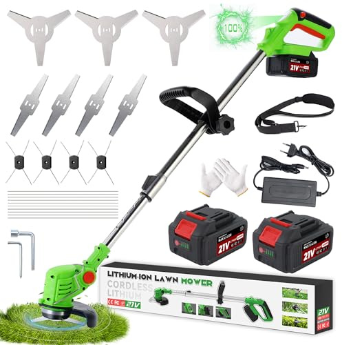 Fiutazge Desbrozadora a Batería 3 en 1, Desbrozadora Electrica con Disco Desbrozadora, Cortabordes Electrico Telescópico Ajustable, Ligero 1,5 kg con 2 Baterías 2,0Ah para Céspedes y Jardín