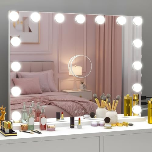 Vanity Mirror, Dressing Table Mirror with Lights, Bluetooth Music Mirror, 58 * 46 * 5.5 cm Light Up Make Up Vanity Mirror with Smart Touch 3 Colors Dimmable, Dressing Table,USB Charging Port, White