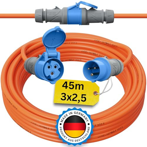 Camping Kabel 45 Meter CEE Verlängerungskabel 45m Außen H07BQ-F 3x2,5 Strom Wohnwagen Landstromanschluss Wohnmobil Caravan Orange Verlängerung Stromkabel Verlaengerungskabel Outdoor