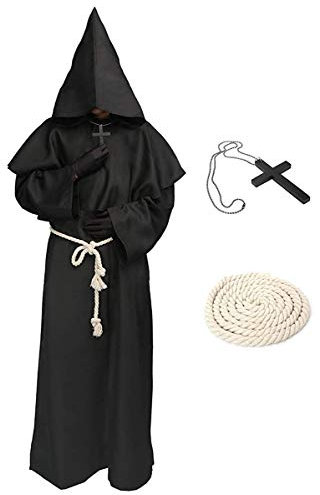 LATH.PIN Mönch Robe Prister Gewand - Mönchskutte Mittelalter Hooded Renaissance Priester Robe Halloween Cosplay (Schwarz, XL)