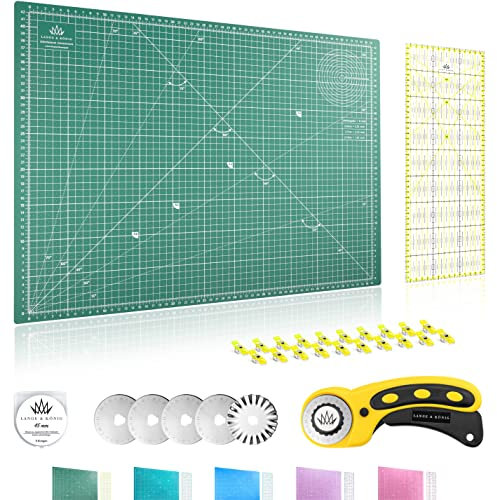 Lange & König Rollschneider Set in 3 Größen [A1, A2, A3] und 5 Farben Inkl. Schneidematte, Rollschneider, 5 Ersatzklingen, Patchwork-Lineal + 20 Stoffklammern als Nähzubehör (Grün, A2 Set)