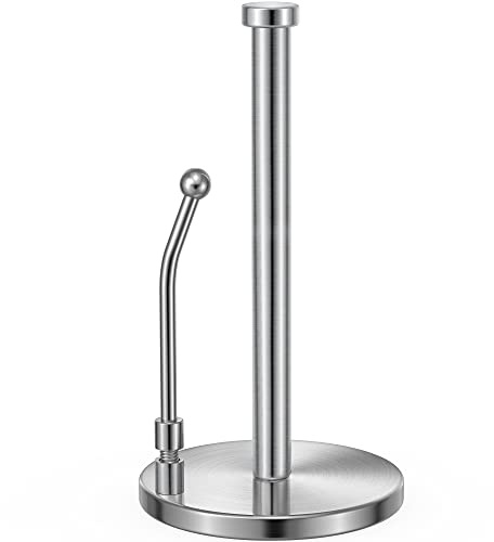 SMARTAKE Paper Towel Holder, Paper Towel Dispenser Standing Weighted Base Non Slip, Spring Arm for Easy Tear, Stainless Steel Paper Towel Holder for Home Kitchen Countertop Tabletop, Silver