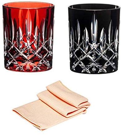 Dekomiro Riedel Laudon Tumbler Whiskey Glas Set rot und schwarz Set mit Glasreinigungstuch
