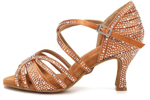 HROYL Scarpe da Ballo Donna Latino Salsa e Bachata Scarpe Ballo da Sala,L356-7.5,Marrone,EU 39
