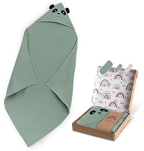 Räuberella® Panda-Kapuzenhandtuch Baby in Mint I 80x80cm I Musselin-Badetuch-Baby aus 100% Bio-Baumwolle I Saugfähiges Babyhandtuch mit Kapuze I Badehandtuch inkl. Geschenkverpackung