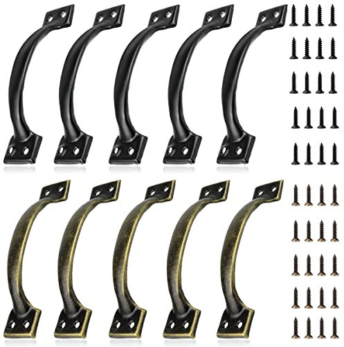 FERCAISH 10 PCS Vintage Barn Door Handles, 6 Inch Metal Black and Bronze Cabinet Handle Pull Set for Furniture Drawer Cabinet, Bedrooms, Garden Gate, Robust and
