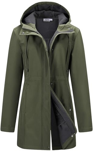 Outdoor Ventures Veste softshell pour femme,Veste de pluie fonctionnelle et légère,Coupe-vent,Imperméable,Veste de randonnée respirante,Avec capuche,Pour printemps, automne, hiver, vert olive, XXL