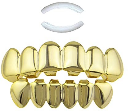 Hip Hop Teeth Grill Set，18K Gold Plated Hip Hop Grillz Plattierte Zähne überzogene Zähne + 2 Extra-Streifen zum Formen，für Teeth für Zahnpflegesets Party Performance(Gold)