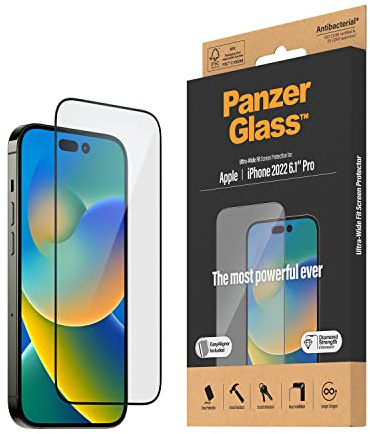 PanzerGlass™ Clear Glass Displayschutz für iPhone 14 Pro - Screen Protector aus Tempered Glas mit vollständigem Bildschirmschutz und Anti-Fingerprint Beschichtung - mit Positionierhilfe