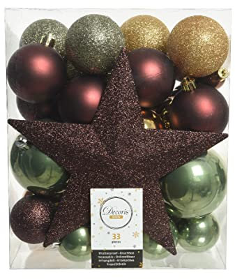Kaemingk Weihnachtskugeln Kunststoff 5-8cm mit Christbaumspitze Stern 33er Set bruchsicher braun grün Gold