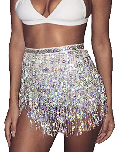 Damen Pailletten-Tanzrock Bauchtanz-Outfit Glitzer-Quaste Fransen Hüftschal Rave Taille Wickelgürtel Kostüm für Mädchen (Silber)