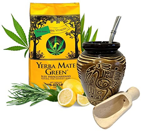 Mate Green Cannabis Yerba Mate Tea Set | Natural Strong Energy Drink | Mate Tea Complete Set | Begginer's Kit | Yerba Mate GREEN CANNABIS Booster 400g|Ceramic Bird Cup Gourd 300ml | Stainless Bombilla