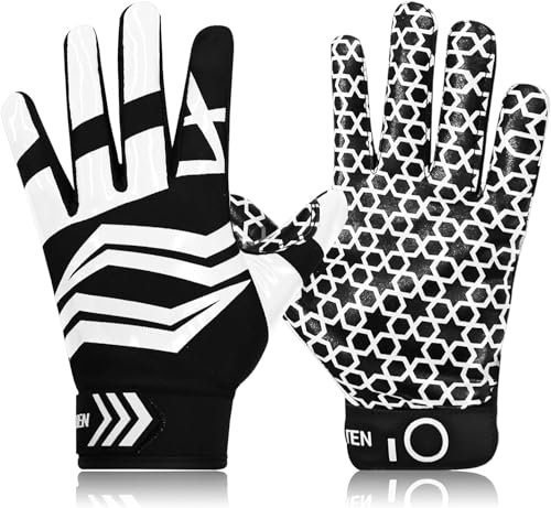 FINGER TEN American Football Receiver Handschuhe für Youth Jungen Mädchen, Torwarthandschuhe Impact Palm Protection, Wasserdicht Gloves Fit Kinder Alter 5-14 (Schwarz, XL)