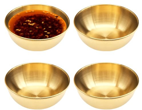INHEMING 4 Piezas Cuencos de de Salsas, Pequeños Cuencos Dorado de Acero Inoxidable, Cuencos para Especias,Cuencos para Sushi,Mini Cuencos de Inmersión, Cuencos para Servir Aperitivos