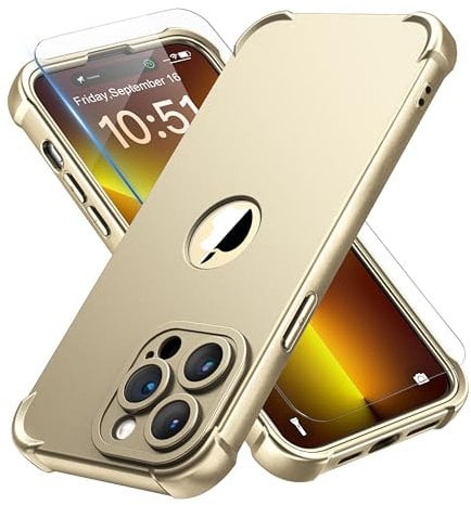 ORETECH for iPhone 14 Pro Max Case 6.7 inch, with [2 Pack Screen Protector] [Camera Lens Guard] [15FT Military Grade Drop Test] 360° Shockproof Slim Fit Design Rubber Bumper Phone Cover - Gold