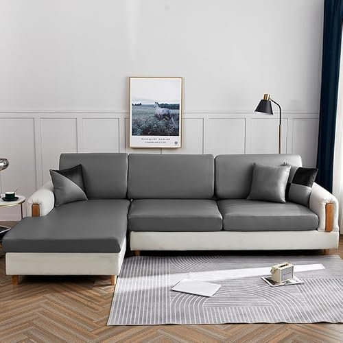 Faux Leather Sofa Covers,PU Leather Cushion Covers, Waterproof Stretch Covers for Sofa,Minimalist Nordic Style Removable Furniture Protector Slipcovers (Large Quad, Elegant Gray)