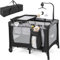 COSTWAY 3 in 1 Beistellbett klappbar, Reisebett mit Matratze, Hängespielzeug, Spieluhr, Wickeltisch & Tragetasche, 2 Ebene Babybett mit Rollen für Baby bis 36 Monaten (Grau)