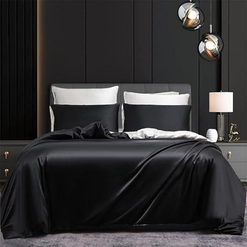 Gezu Housse de Couette Satin Noir Blanc Unie Double Face 220x240 Parures de lit 2 Personne Satin la Soie Lisse Linge de lit avec 2 Taies d'oreiller 65x65 avec Fermeture Éclair