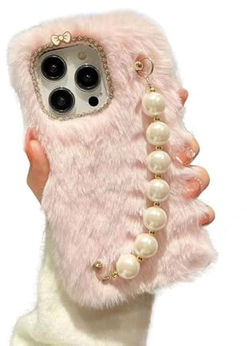 Yiubnkio Handy-Schutzhülle für iPod Touch 7/6/5, weich, warm, flauschig, Plüsch, Rosa, für Damen und Mädchen, niedliche Glitzer-Hülle mit Perlen, Armband, Kette, weiche, stoßfeste Schutzhülle
