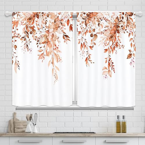 Yorida Tende da cucina arancione bruciato, terracotta, ruggine, autunno, acero rosso, foglie di eucalipto, tende da bagno vintage botaniche piccole tende corte per caffè tende trattamento per finestre