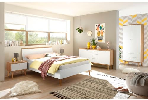 Lomadox Schlafzimmer Jugendzimmer Komplettset im Scandi-Look, weiß matt mit Eiche Riviera