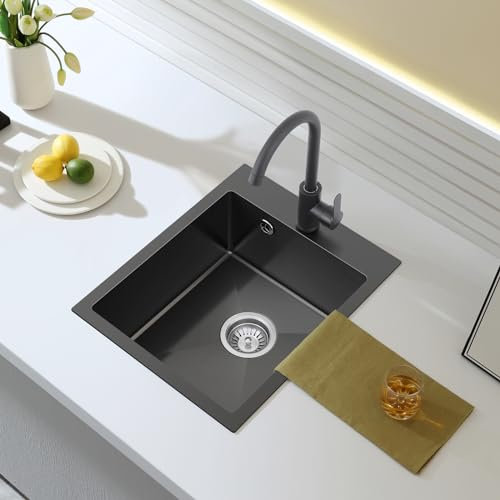 ROVOGO Spülbecken Klein Schwarz, 50 x 40 cm Spüle Küche mit Ablaufgarnitur inkl. Siebkorbventil und Abtropf-Überlauf, Einbauspüle mit hahnloch für Armatur, Küchenspüle 1 Becken Rechteckig