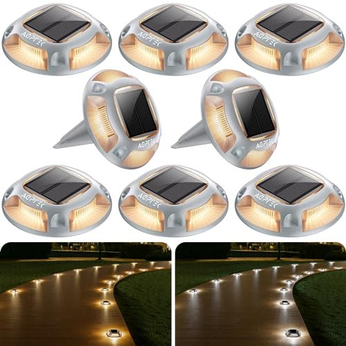 AGPTEK Solar Bodenleuchte, 2 Farbmodi, Solar Deck Leuchten Outdoor, Dock Lichter, IP68 wasserdichte Warnschrittlichter für Gartenweg, Fußwegen, Rasen, 8 Stücke, Warm und Weiß, mit Erdspieß