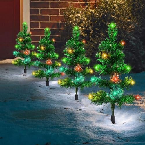 Just for Christmas Spiral Tree Stake Lights 4Pack 60 LEDs Christmas Pathway Lights 8 Lighting Modes Xmas Outdoor LED Path Lights Pre-Lit Battery Operated Festive Garden Path Yard Lawn Decoration