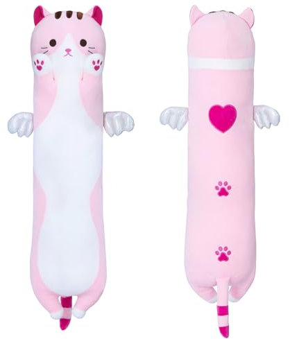 SNOWOLF Coussin en peluche chat - Long coussin doux en coton - Peluche mignonne rembourrée - Jouet - Cadeau pour les enfants et les amis - Rose - 70 cm